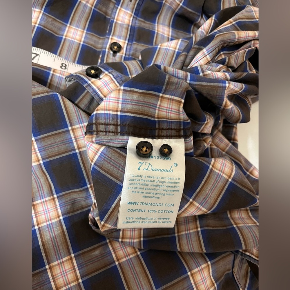 7 Diamonds‎ Shirt Mens Large Button Down Black Gray Plaid Classic Western Cowboy - Picture 10 of 11